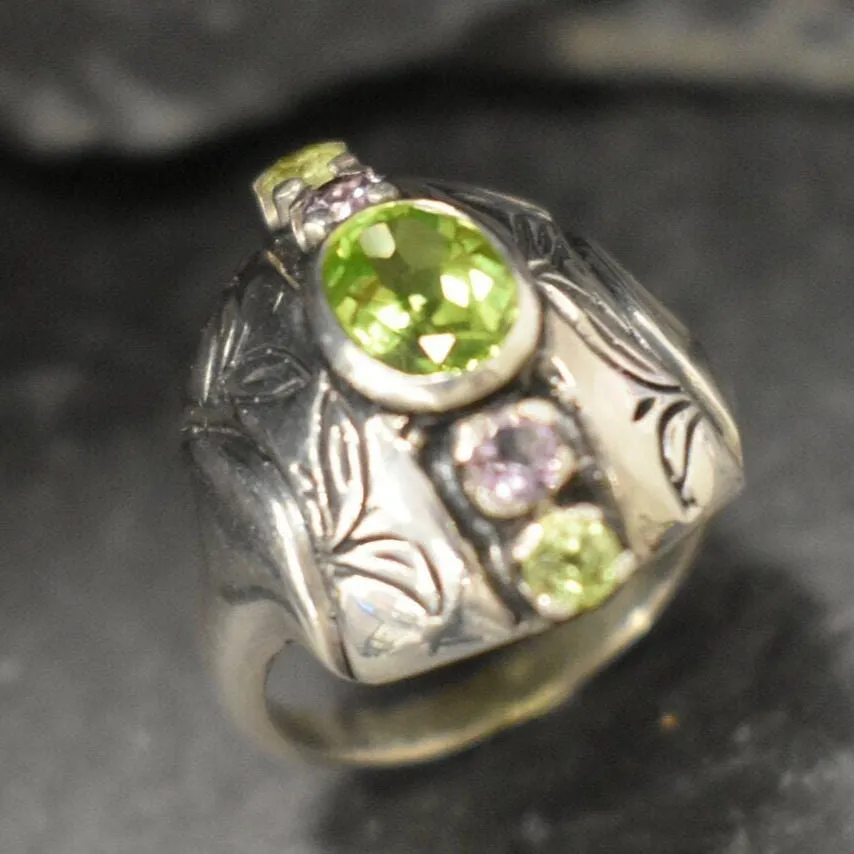 Peridot Ring - Tribal Multistone Ring - Bezel Cocktail Ring