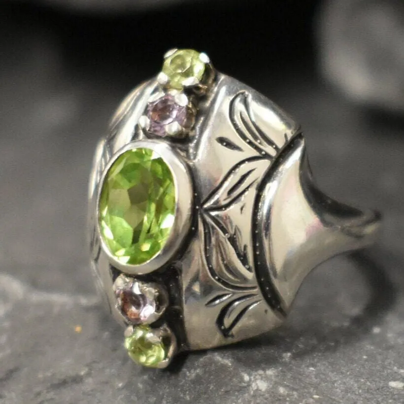 Peridot Ring - Tribal Multistone Ring - Bezel Cocktail Ring