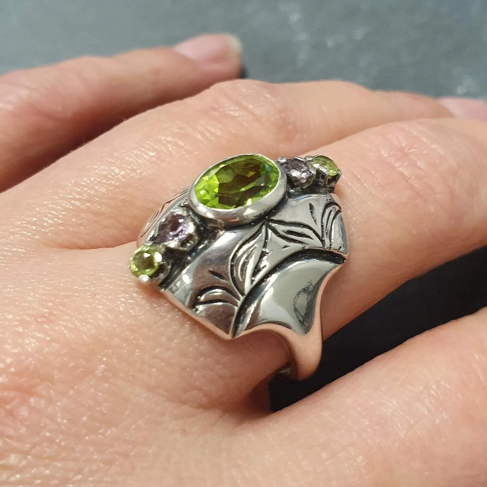 Peridot Ring - Tribal Multistone Ring - Bezel Cocktail Ring