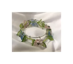 Pink and Blue Flower Beaded Bangle Bracelet