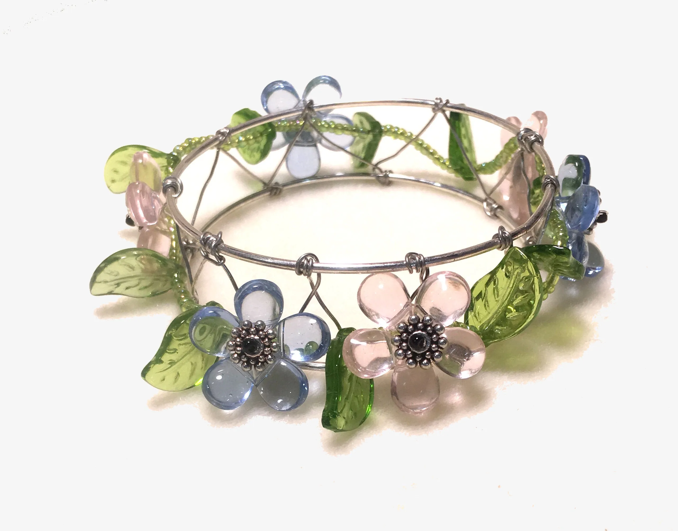 Pink and Blue Flower Beaded Bangle Bracelet