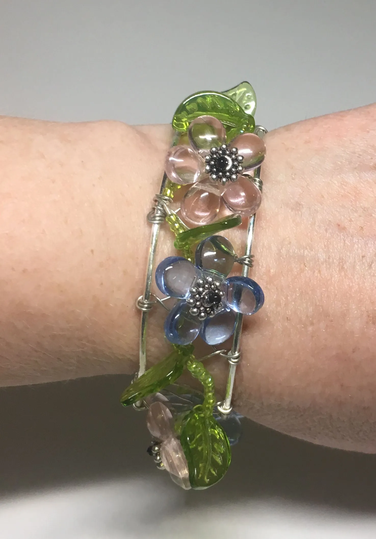 Pink and Blue Flower Beaded Bangle Bracelet