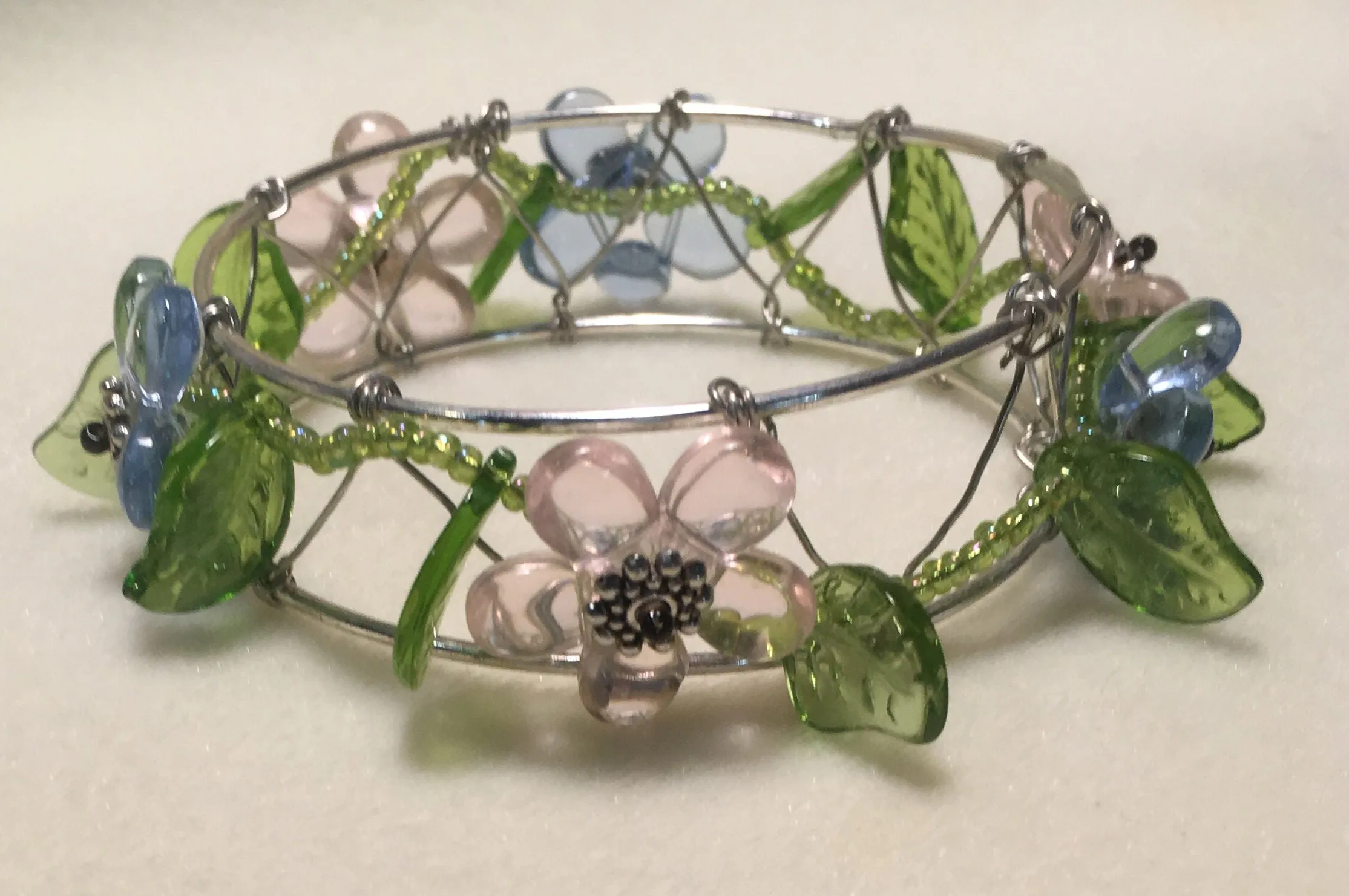 Pink and Blue Flower Beaded Bangle Bracelet