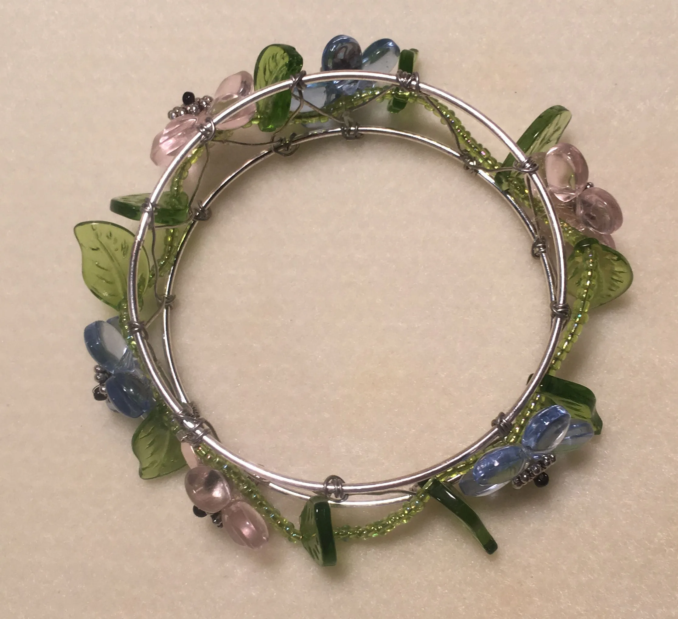 Pink and Blue Flower Beaded Bangle Bracelet