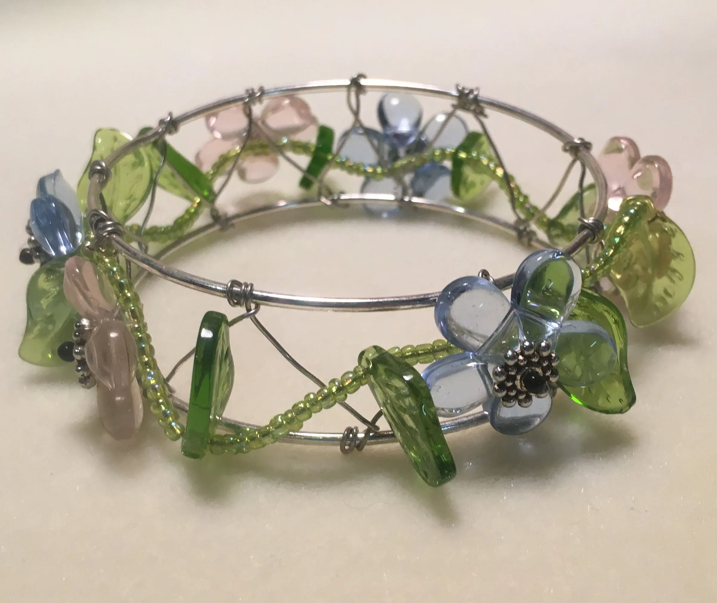 Pink and Blue Flower Beaded Bangle Bracelet