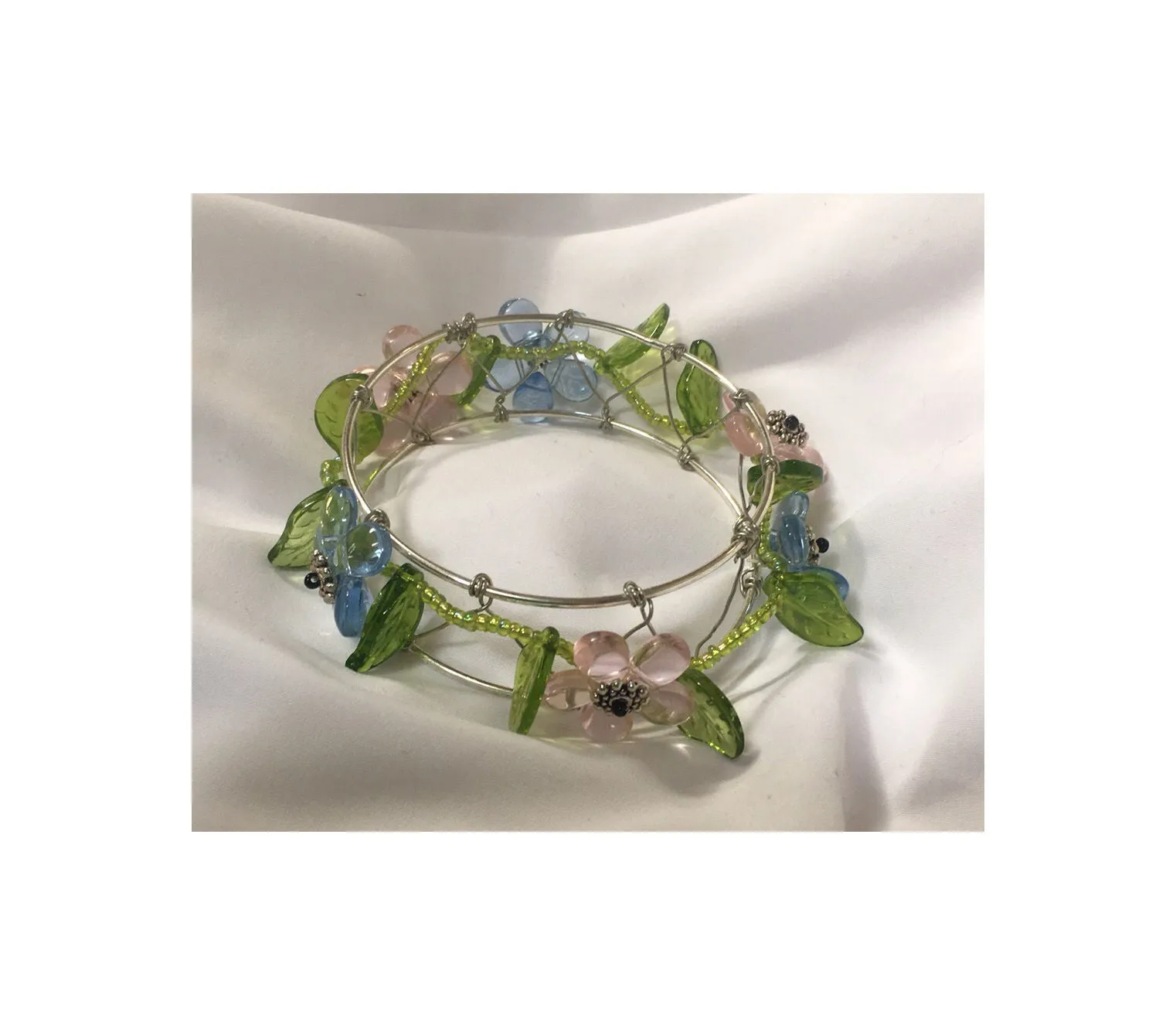 Pink and Blue Flower Beaded Bangle Bracelet