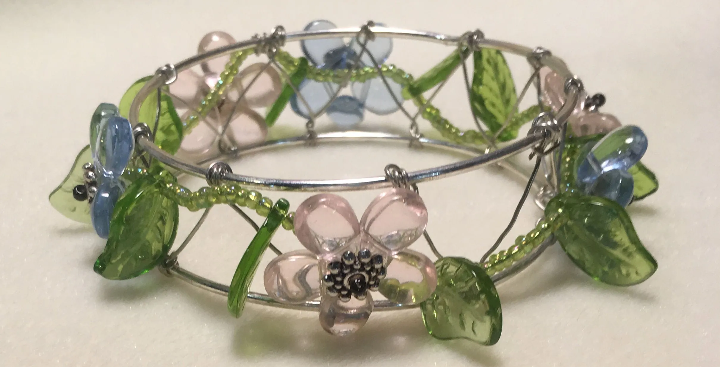 Pink and Blue Flower Beaded Bangle Bracelet