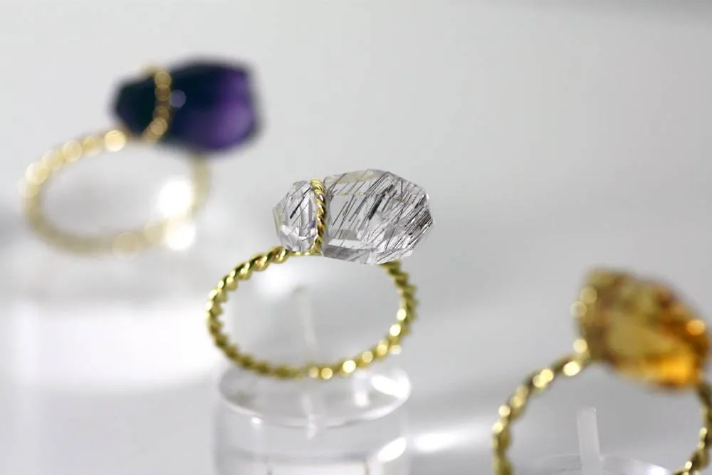Quartz ring with rutile inclusions set with Gold K18, Totally Handmade