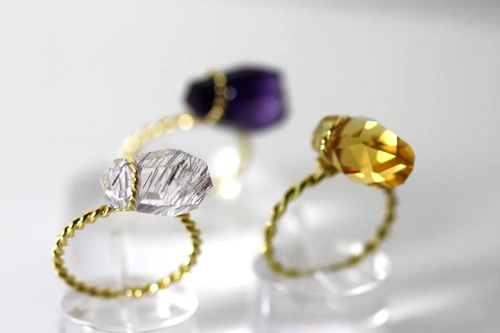 Quartz ring with rutile inclusions set with Gold K18, Totally Handmade