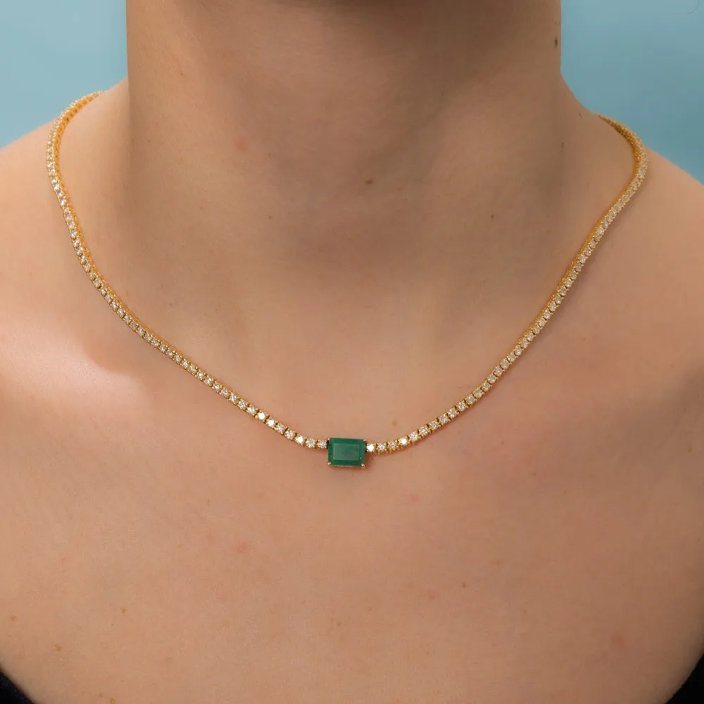 Ready to Ship Diamond Tennis Necklace With Emerald Cut Emerald 7.20x5mm (5.50 ct.) 2 mm 4-Prongs Setting  in 14K Gold