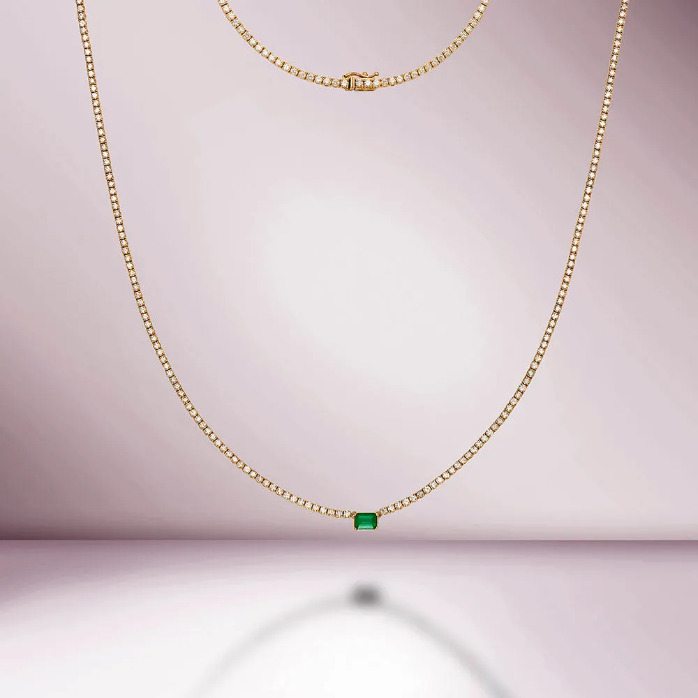 Ready to Ship Diamond Tennis Necklace With Emerald Cut Emerald 7.20x5mm (5.50 ct.) 2 mm 4-Prongs Setting  in 14K Gold