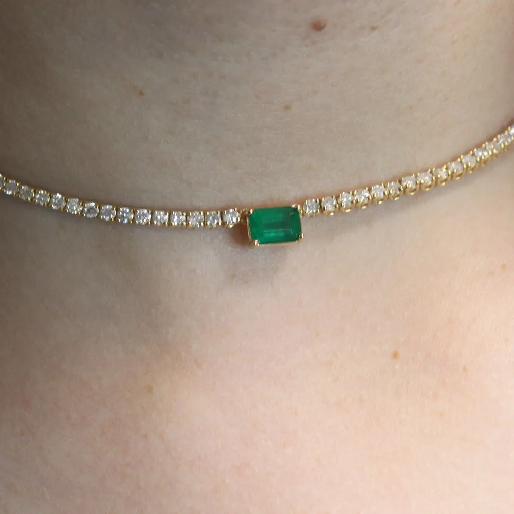 Ready to Ship Diamond Tennis Necklace With Emerald Cut Emerald 7.20x5mm (5.50 ct.) 2 mm 4-Prongs Setting  in 14K Gold