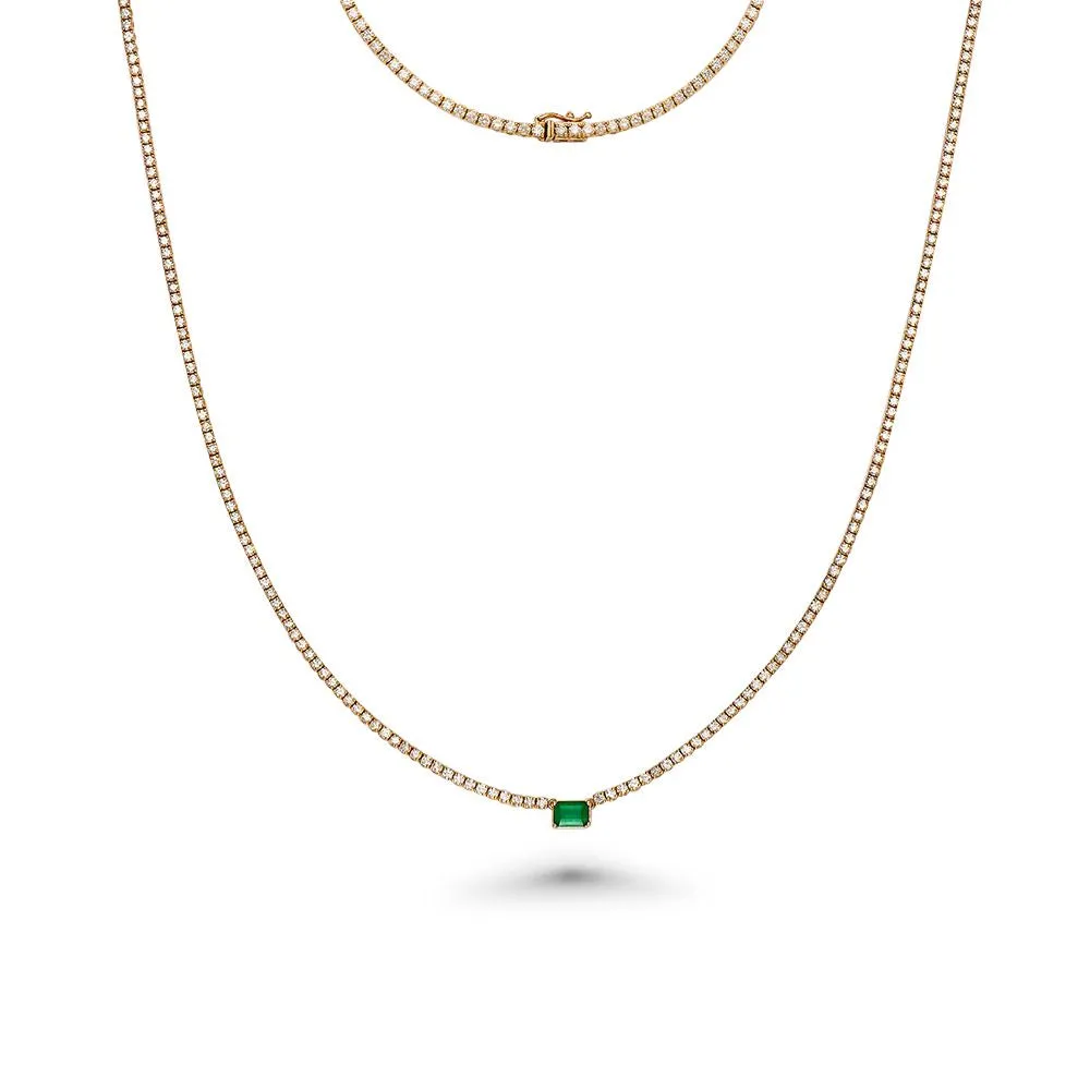 Ready to Ship Diamond Tennis Necklace With Emerald Cut Emerald 7.20x5mm (5.50 ct.) 2 mm 4-Prongs Setting  in 14K Gold