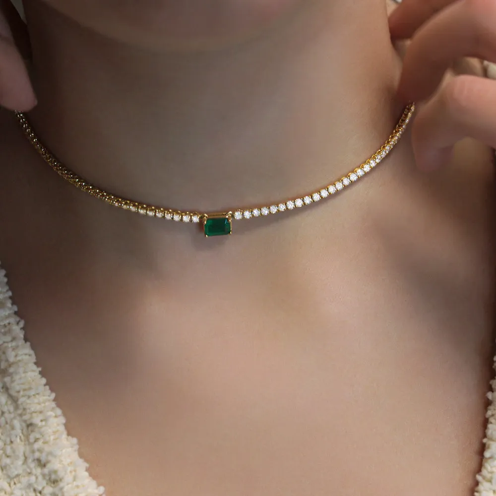 Ready to Ship Diamond Tennis Necklace With Emerald Cut Emerald 7.20x5mm (5.50 ct.) 2 mm 4-Prongs Setting  in 14K Gold