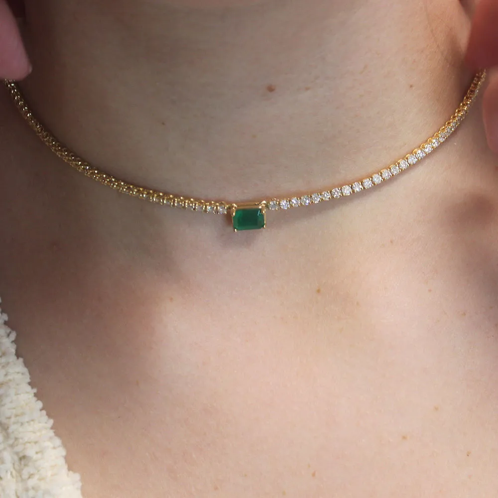 Ready to Ship Diamond Tennis Necklace With Emerald Cut Emerald 7.20x5mm (5.50 ct.) 2 mm 4-Prongs Setting  in 14K Gold
