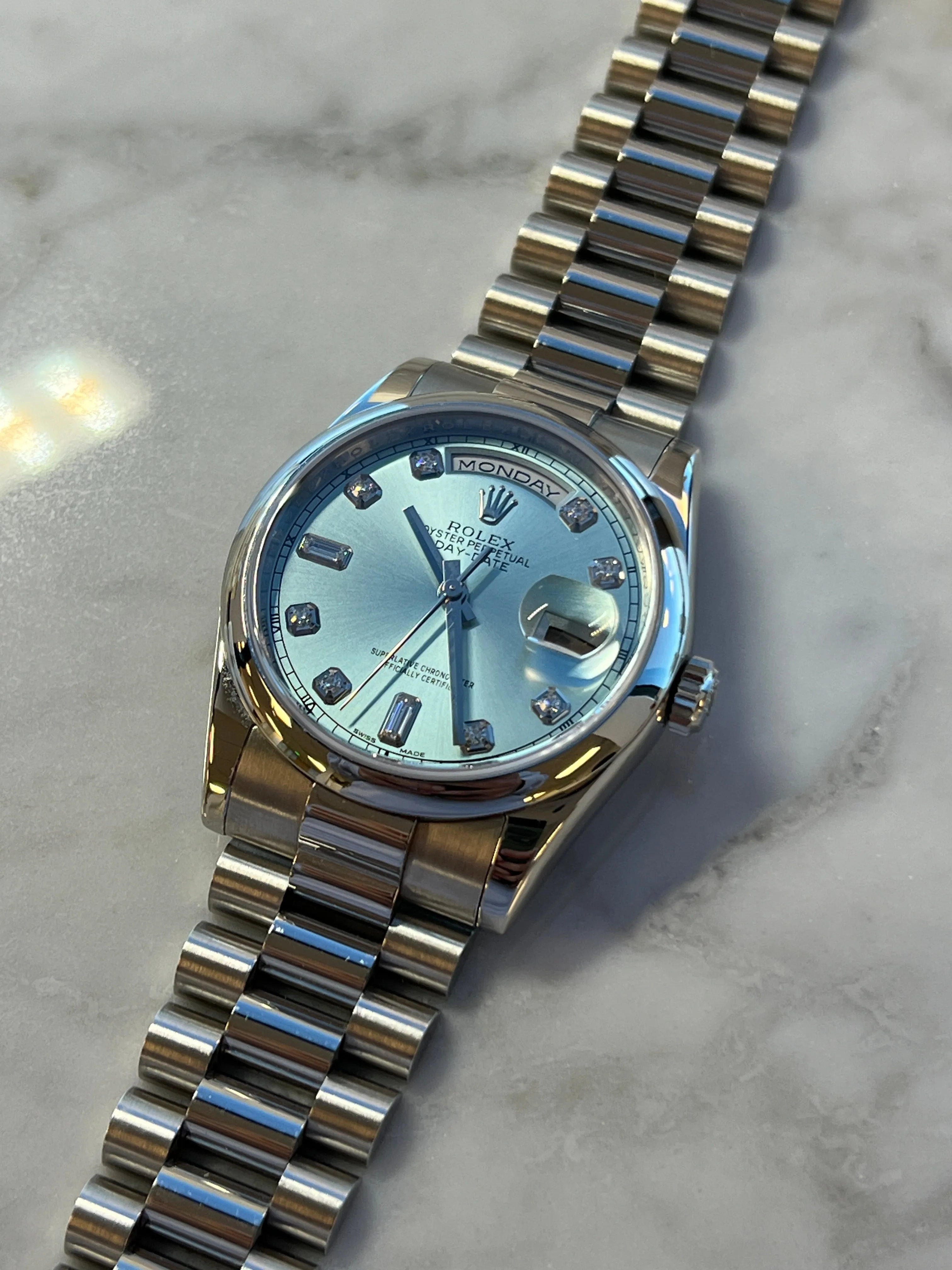 Rolex - Pre-owned Platinum Day-Date 36 Presidential Ice Blue Diamond Dial 118206
