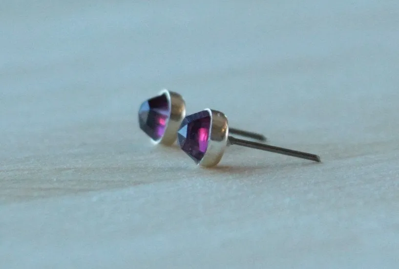 Rose Cut Rhodolite Garnet Bezel Gemstones, Large (Niobium or Titanium Post Earrings)