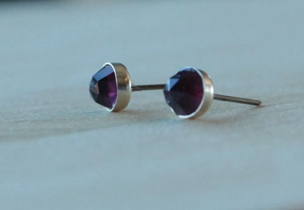 Rose Cut Rhodolite Garnet Bezel Gemstones, Large (Niobium or Titanium Post Earrings)