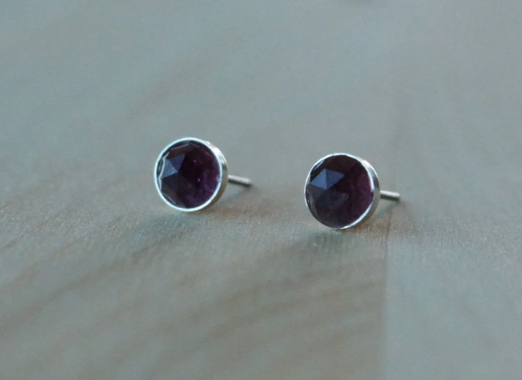 Rose Cut Rhodolite Garnet Bezel Gemstones, Large (Niobium or Titanium Post Earrings)
