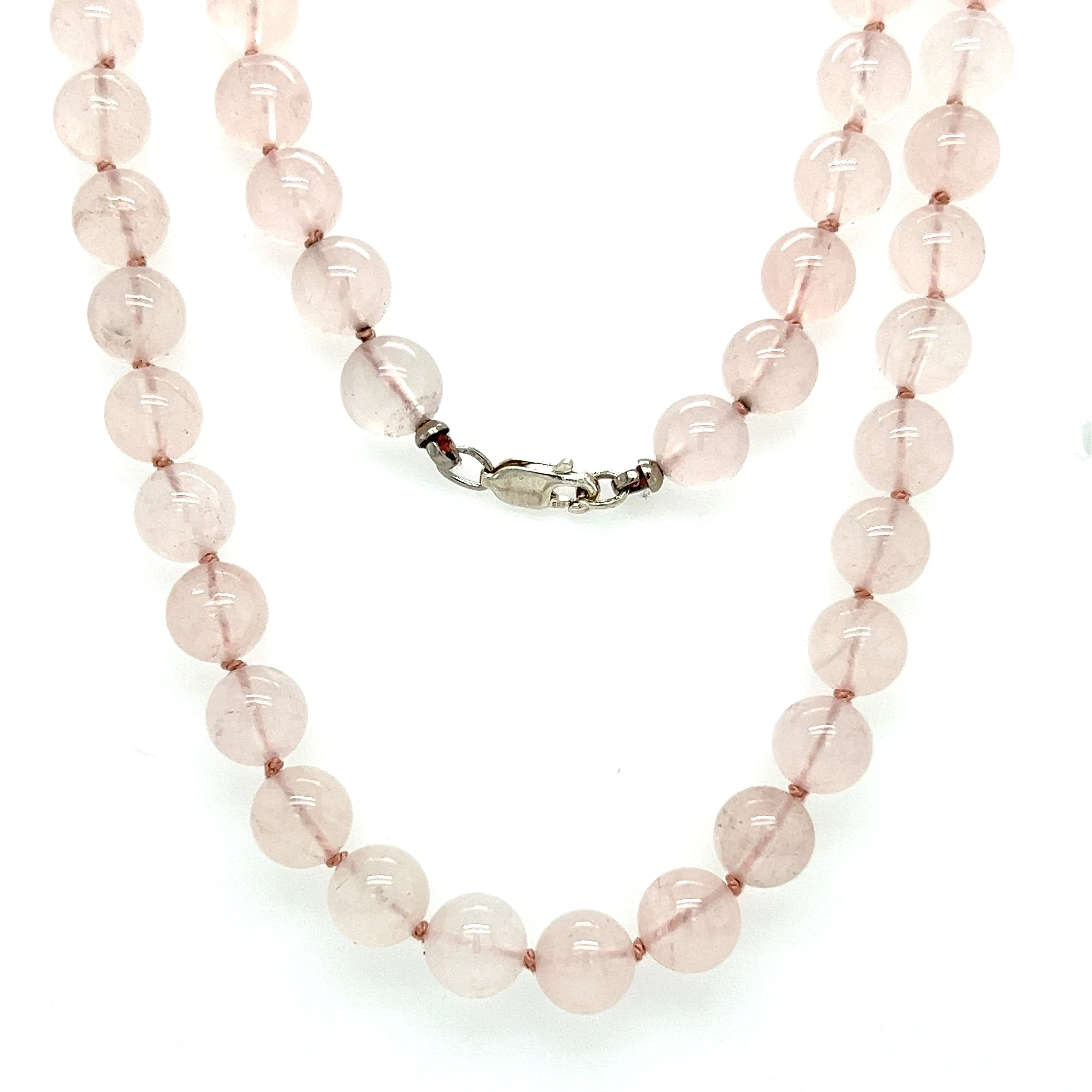Rose Quartz Beaded Necklace with Sterling Silver Lobster Clasp and Hand Knotted