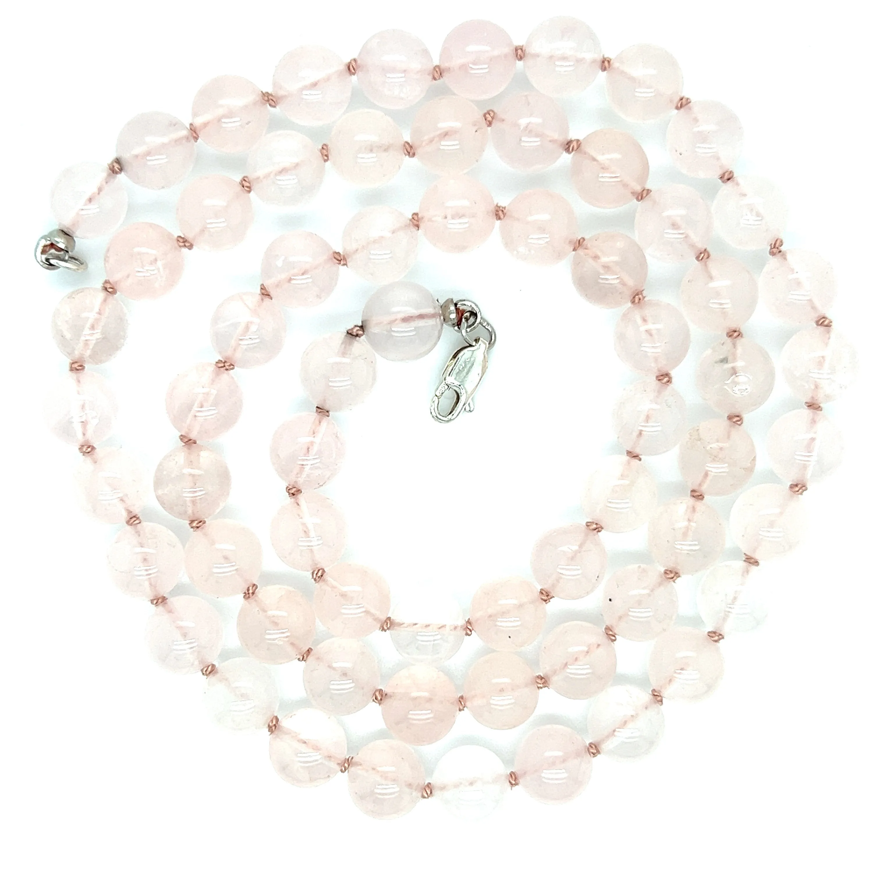 Rose Quartz Beaded Necklace with Sterling Silver Lobster Clasp and Hand Knotted
