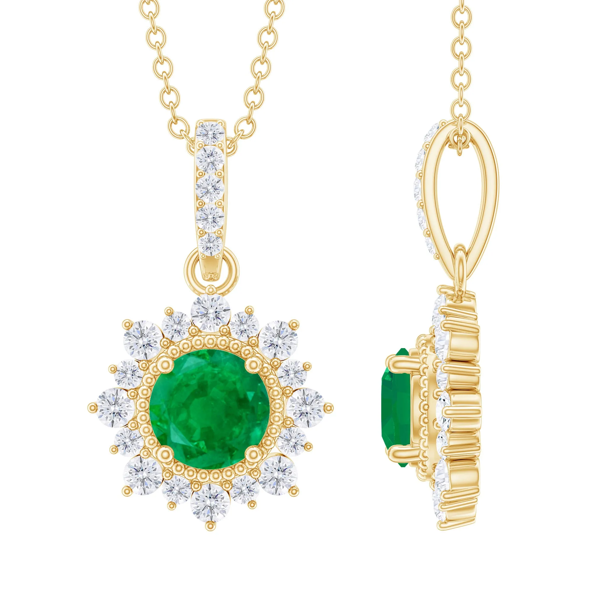 Round Emerald Halo Pendant with Diamond Accent Bail