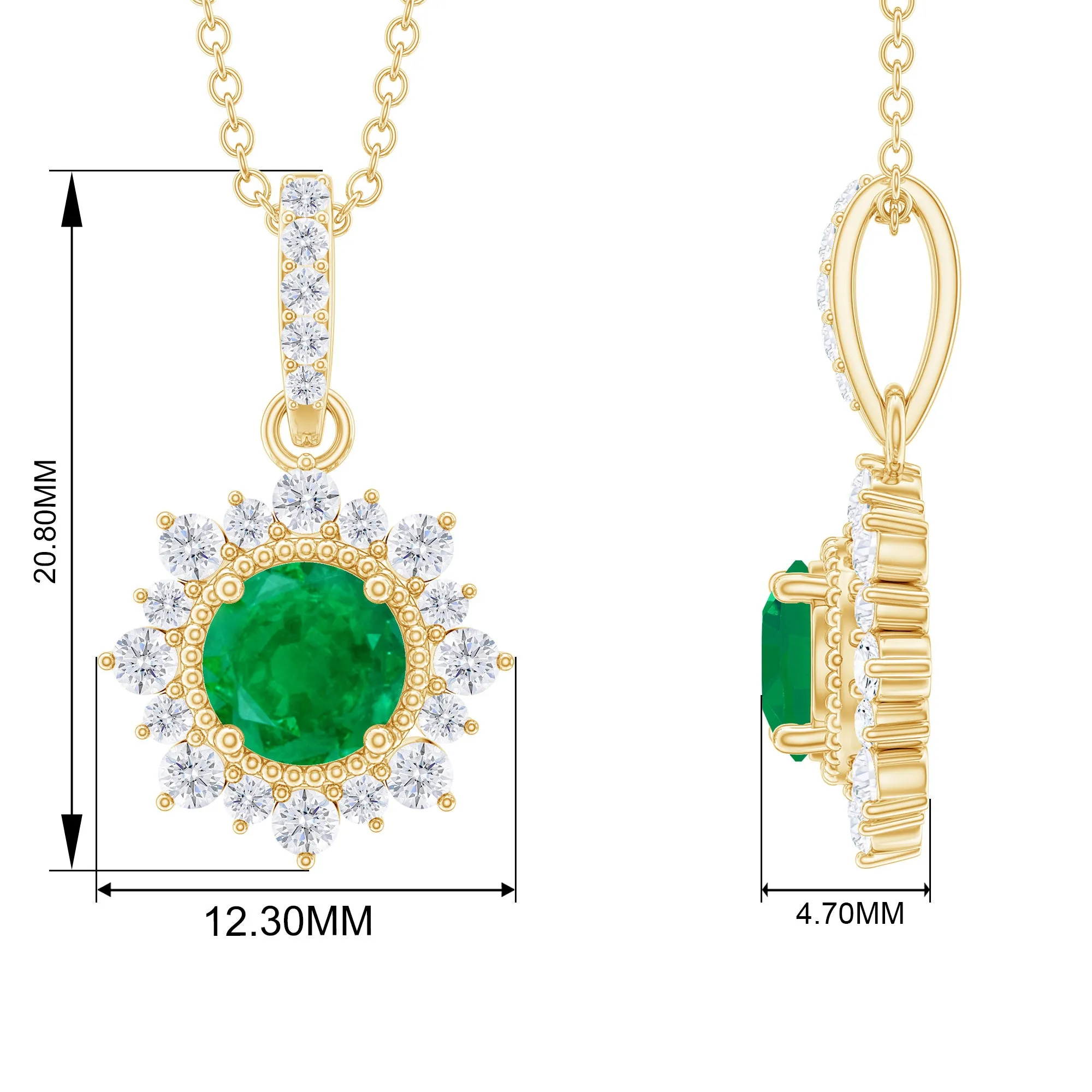 Round Emerald Halo Pendant with Diamond Accent Bail