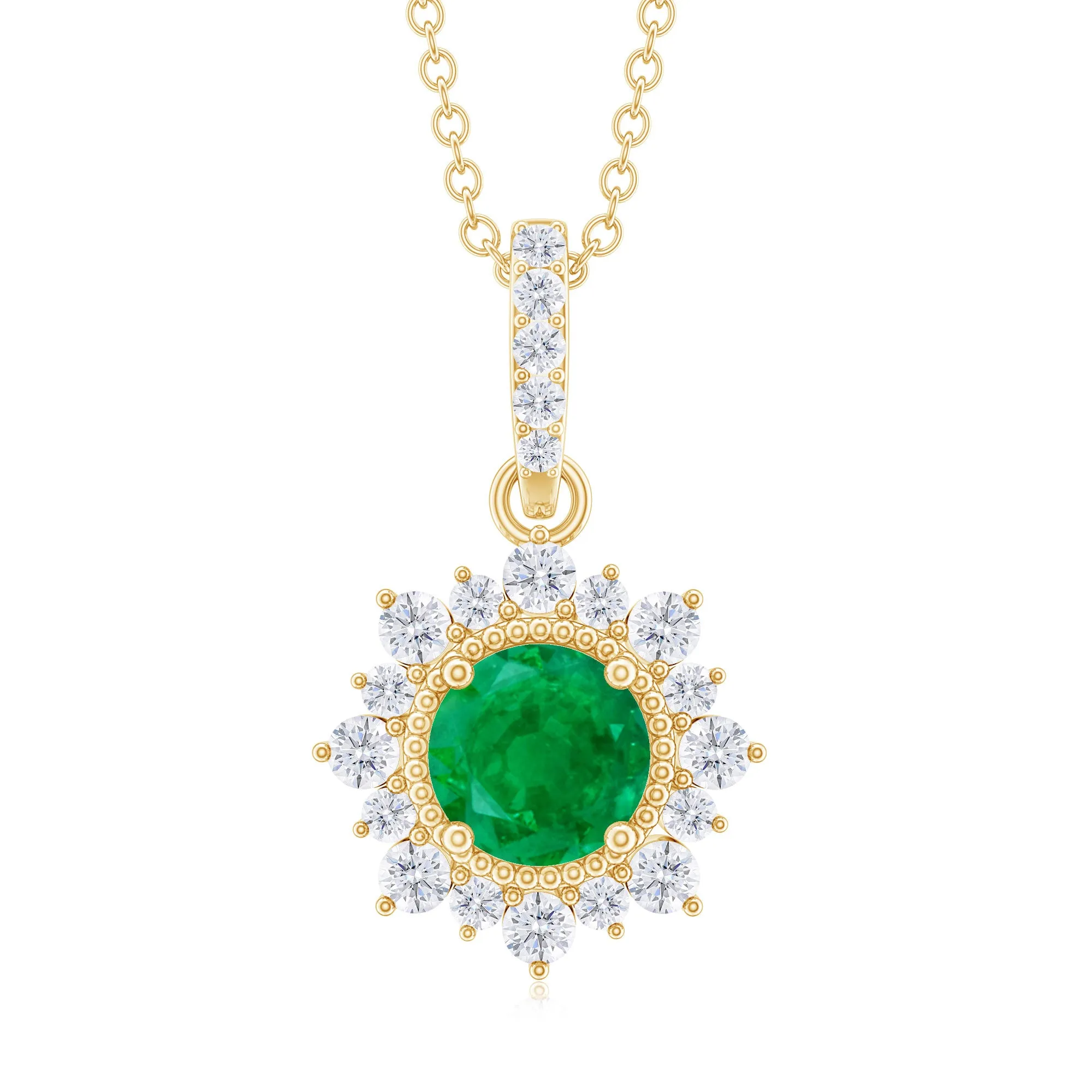 Round Emerald Halo Pendant with Diamond Accent Bail