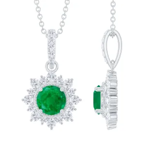 Round Emerald Halo Pendant with Diamond Accent Bail