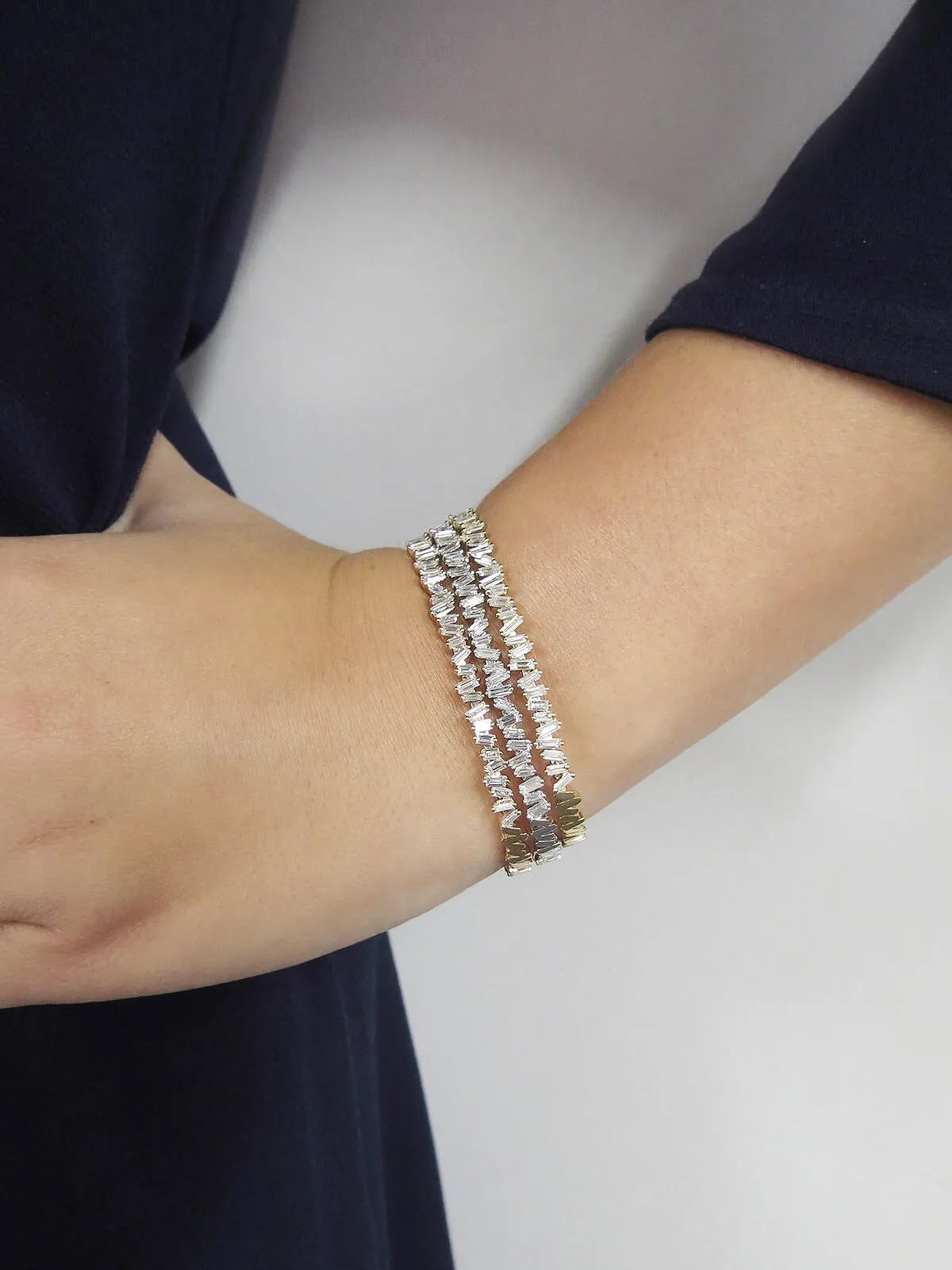 Small Flexible White Diamond Baguette Firework Yellow Gold Bracelet