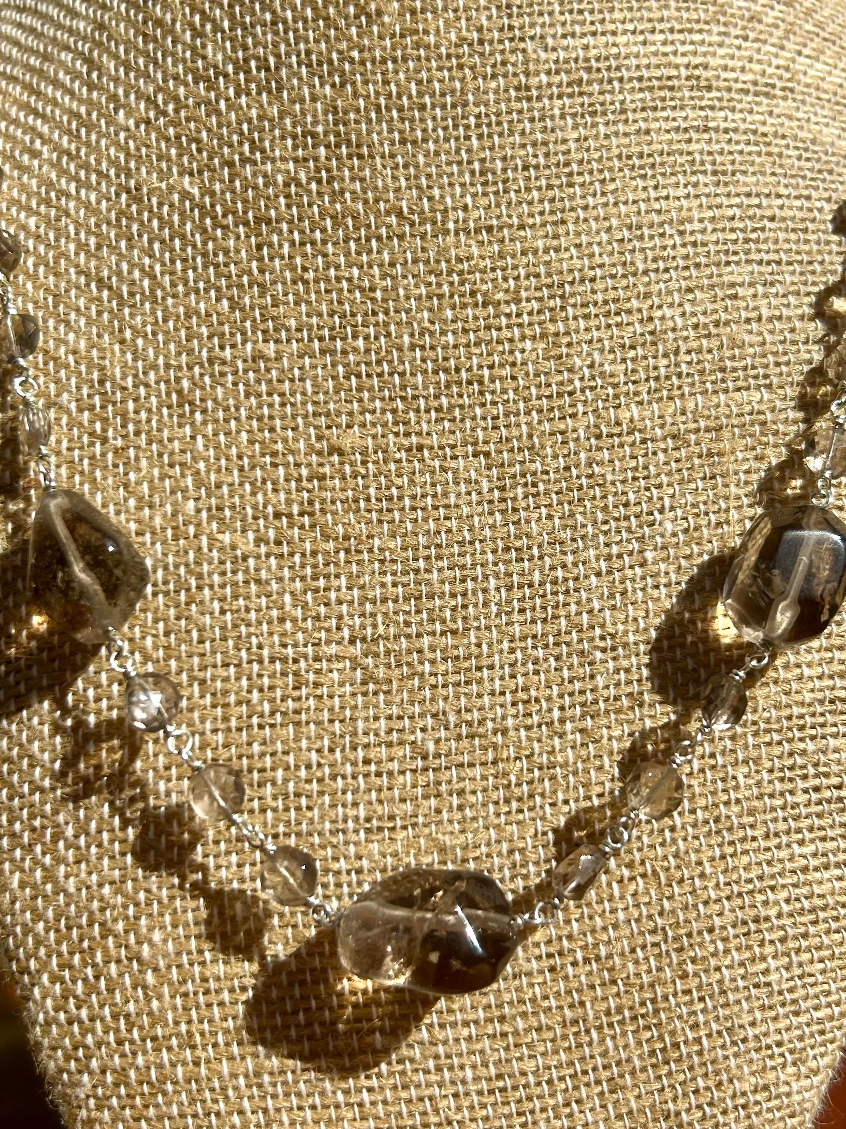 Smoky Quartz Gemstone Sterling Silver Chain Link Wire Wrapped Necklace