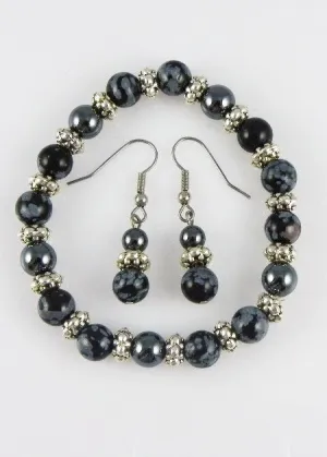 Snowflake Obsidian Semi-Precious Stone Beaded Stretch Bracelet and Dangle Earring Set