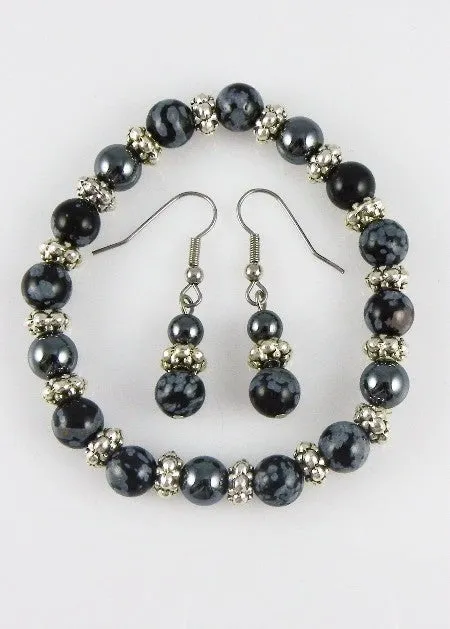 Snowflake Obsidian Semi-Precious Stone Beaded Stretch Bracelet and Dangle Earring Set