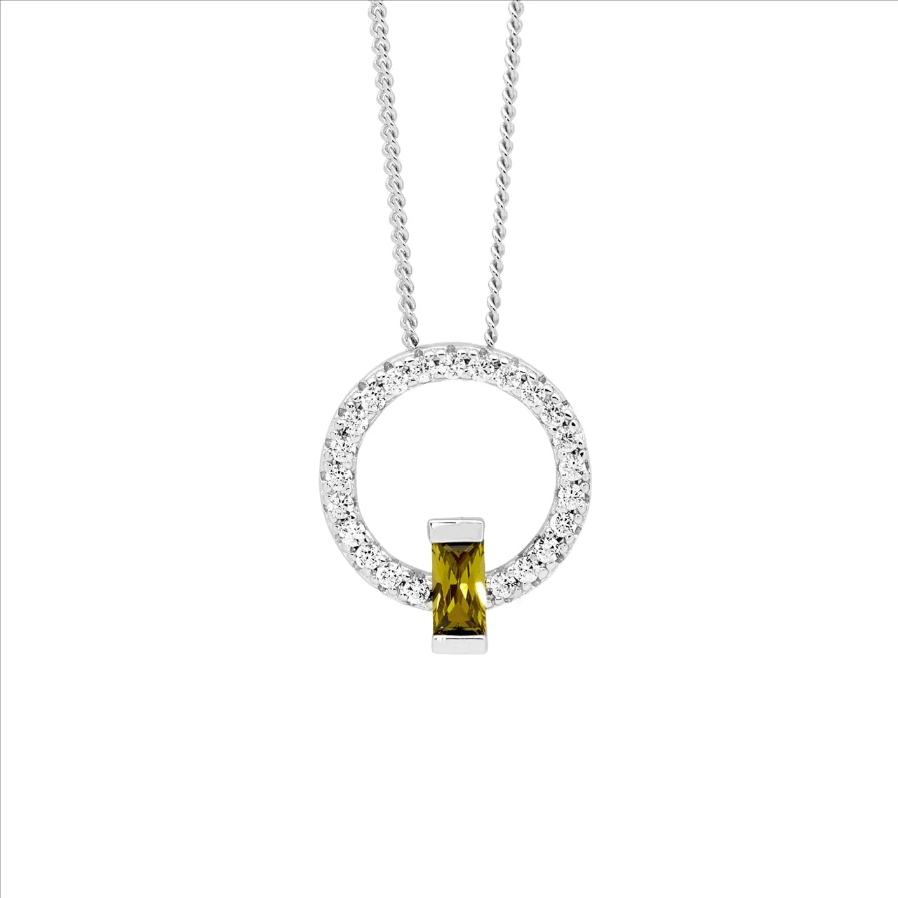 Ss Wh Cz 13Mm Open Circle Pendant W/ Peridot Baguette Cz