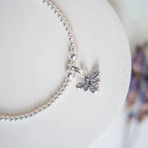 Sterling Silver Bee Beaded Bracelet, Bee Charm Jewellery Gift for Her