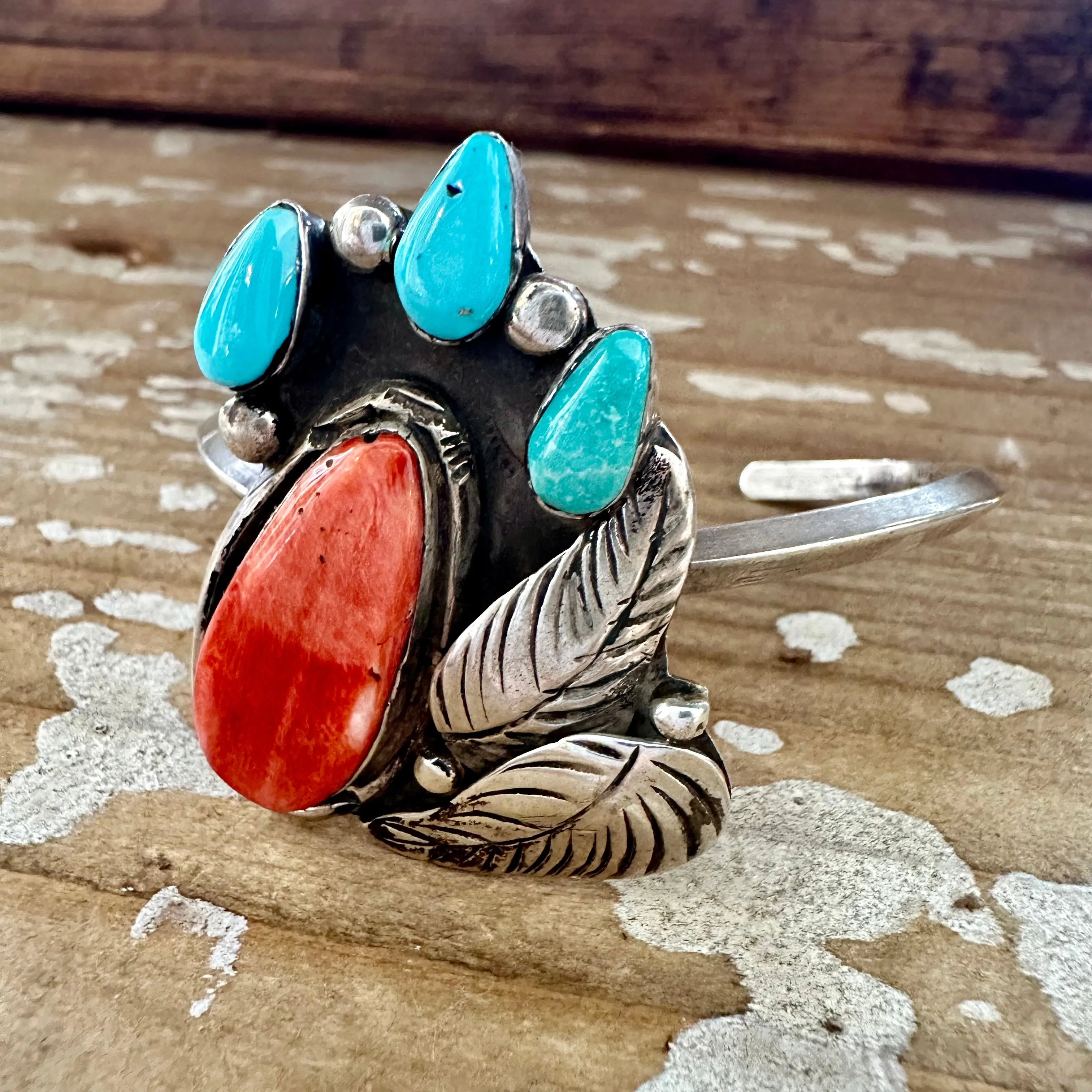 SUMMER BREEZE FB Hallmark Sterling Silver Spiny Oyster and Turquoise Cuff 26g