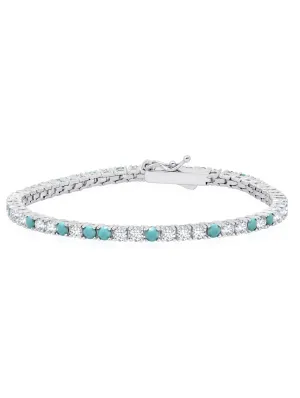 Turquoise and Flawless Cubic Zirconia Tennis Bracelet In Pure Platinum