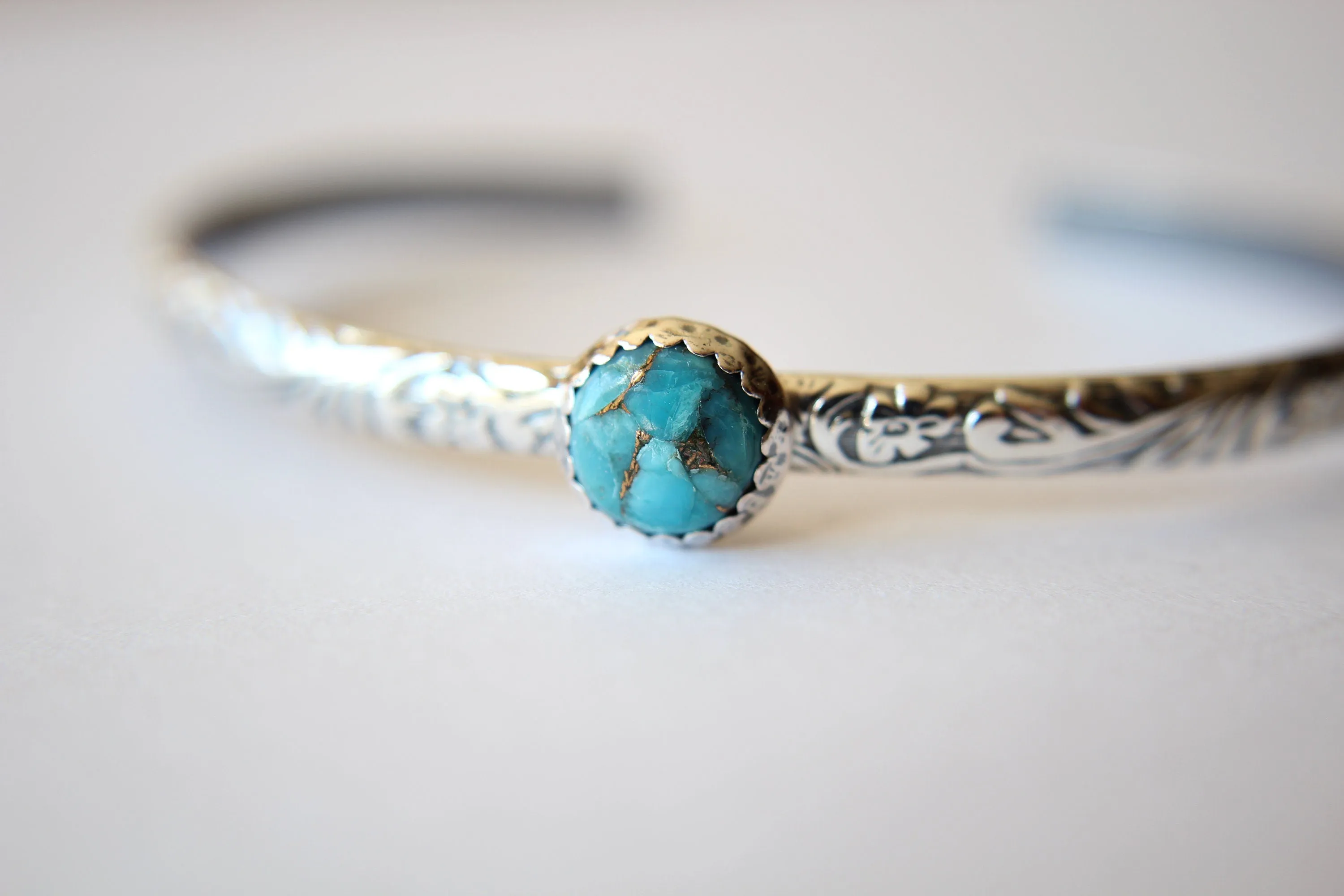 Turquoise Cuff Bracelet, Bohemian Turquoise Jewelry, Floral Pattern Cuff Bracelet, Copper Turquoise Gemstone Cuff, Copper and Turquoise