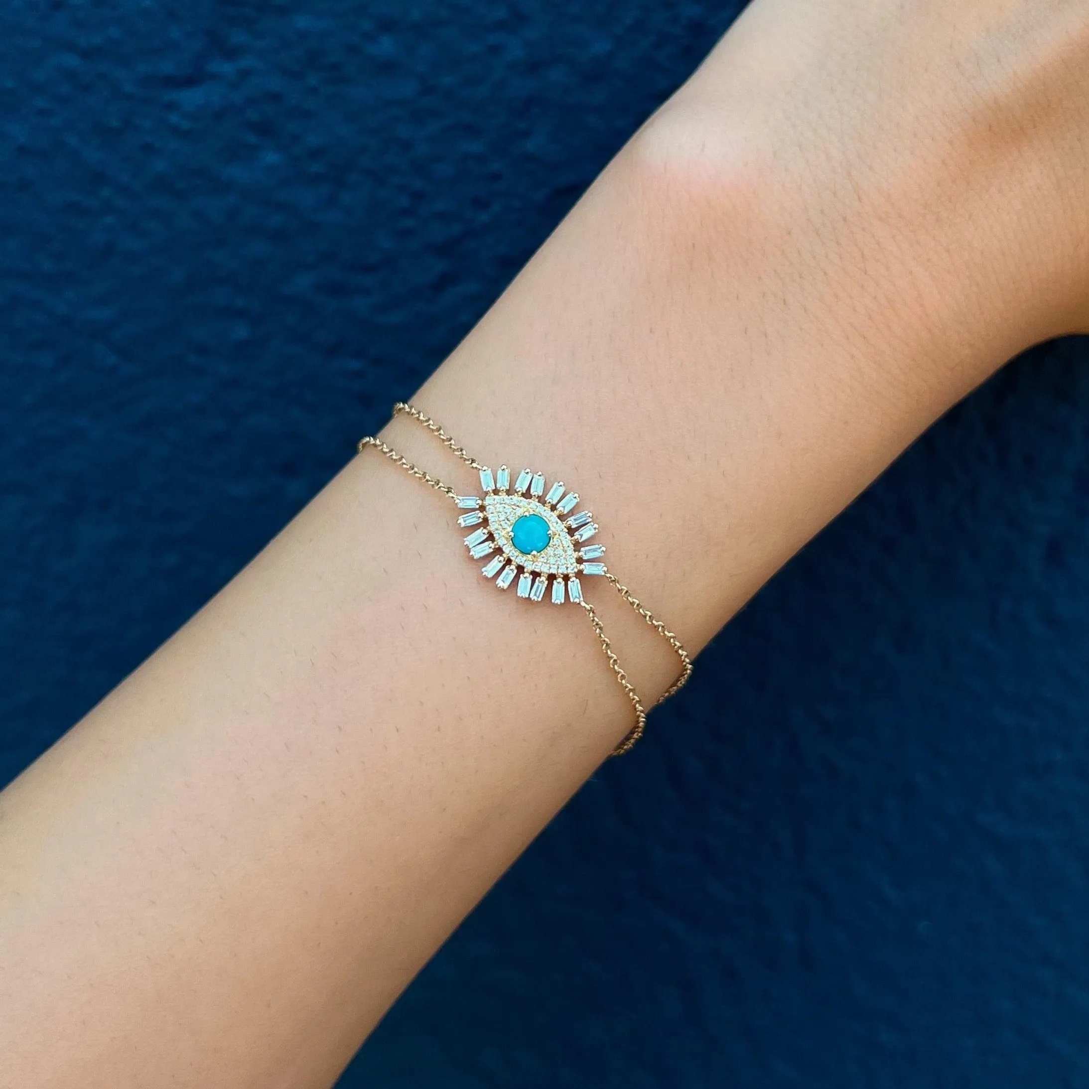 Turquoise Diamond Baguette Evil Eye Bracelet