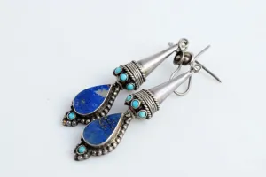 Vintage Afghan Earrings, Sterling Silver, Lapis Lazuli, and Turquoise