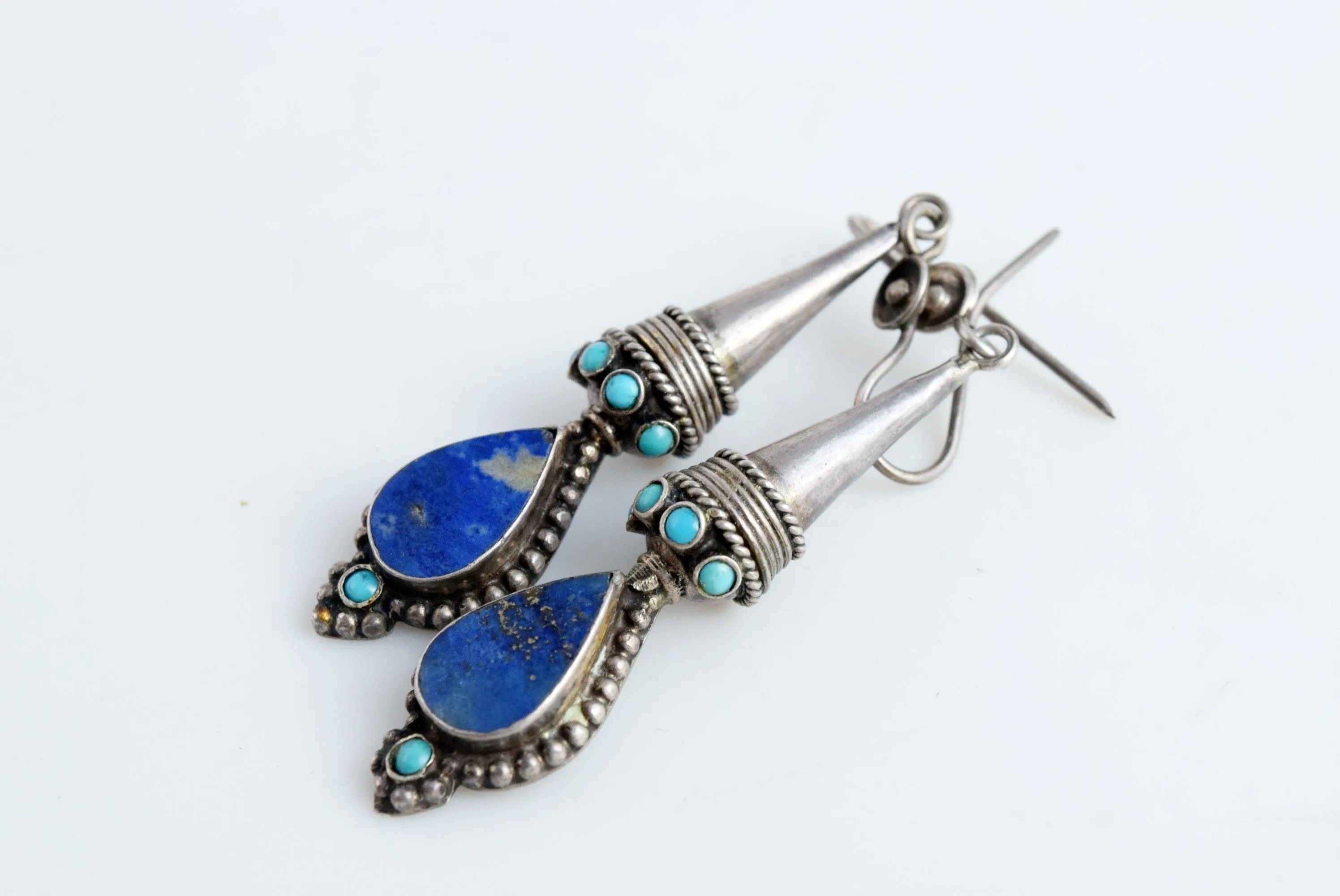 Vintage Afghan Earrings, Sterling Silver, Lapis Lazuli, and Turquoise
