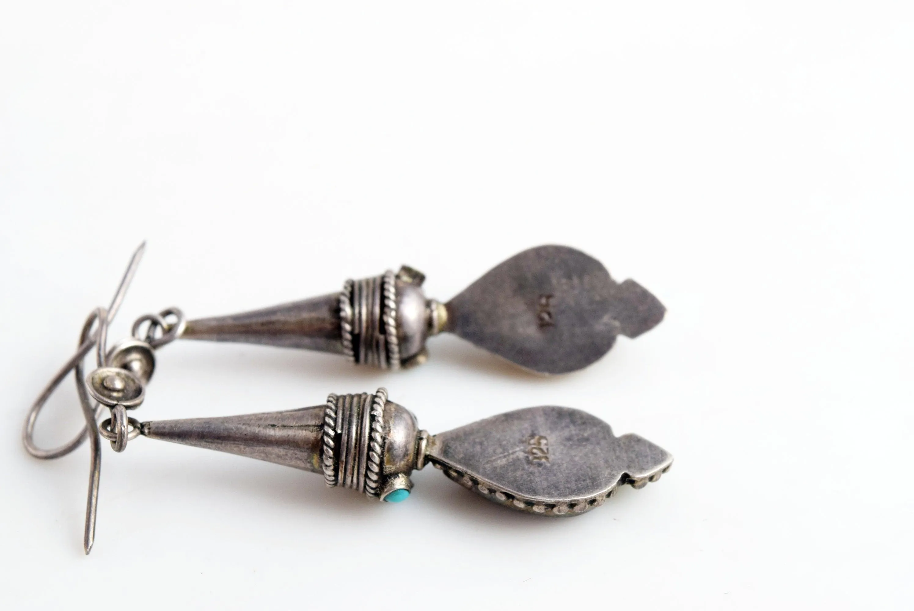 Vintage Afghan Earrings, Sterling Silver, Lapis Lazuli, and Turquoise