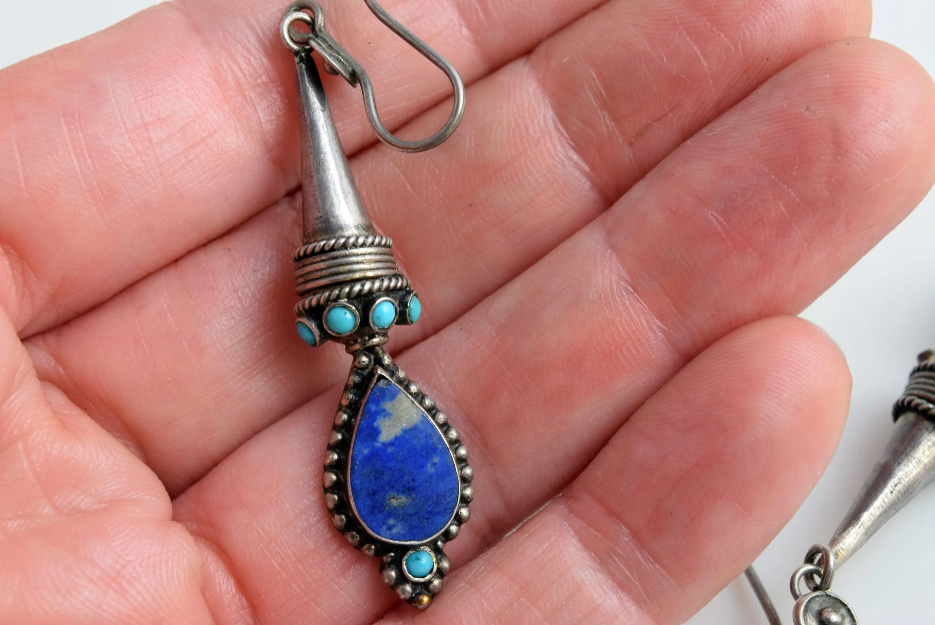 Vintage Afghan Earrings, Sterling Silver, Lapis Lazuli, and Turquoise