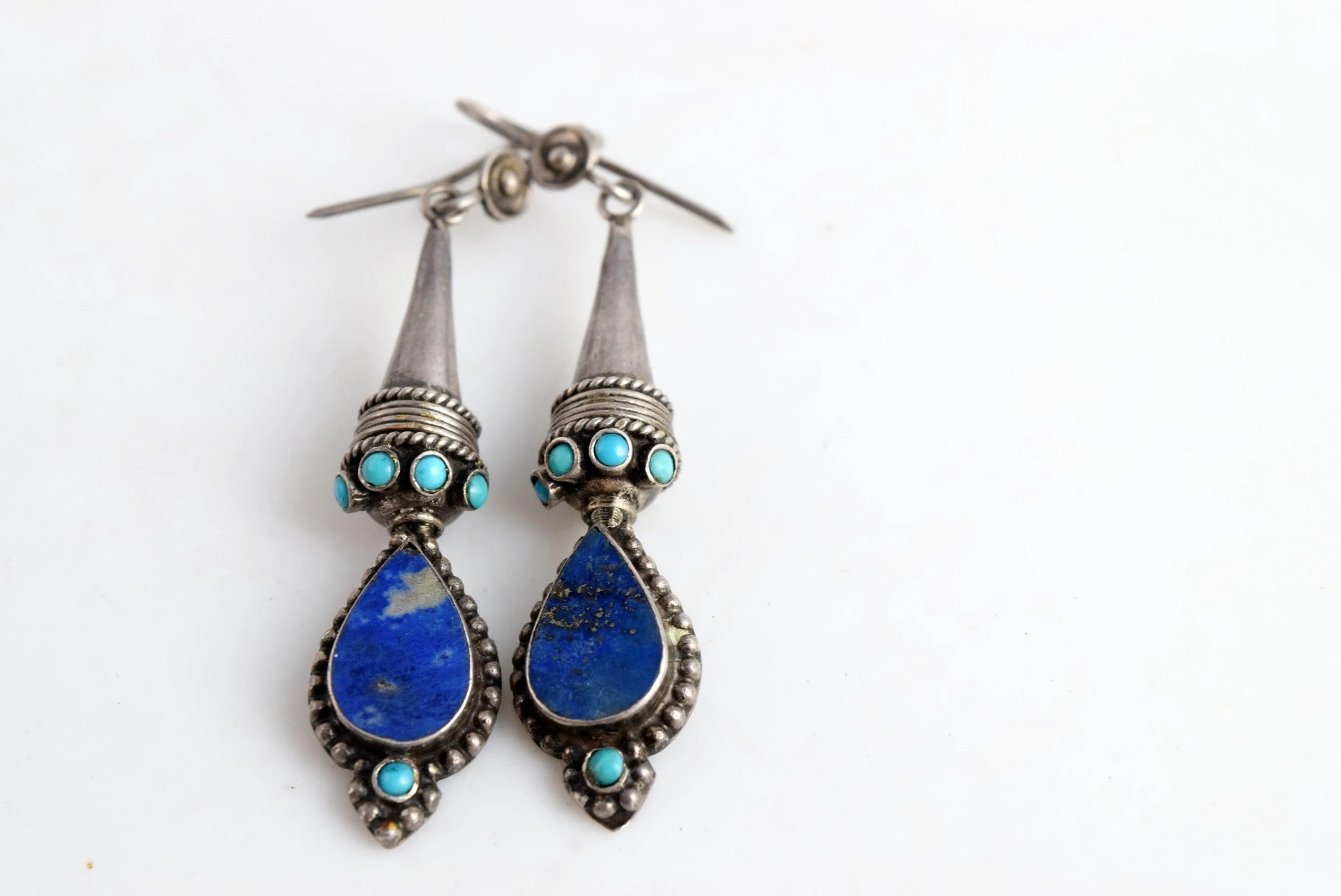 Vintage Afghan Earrings, Sterling Silver, Lapis Lazuli, and Turquoise