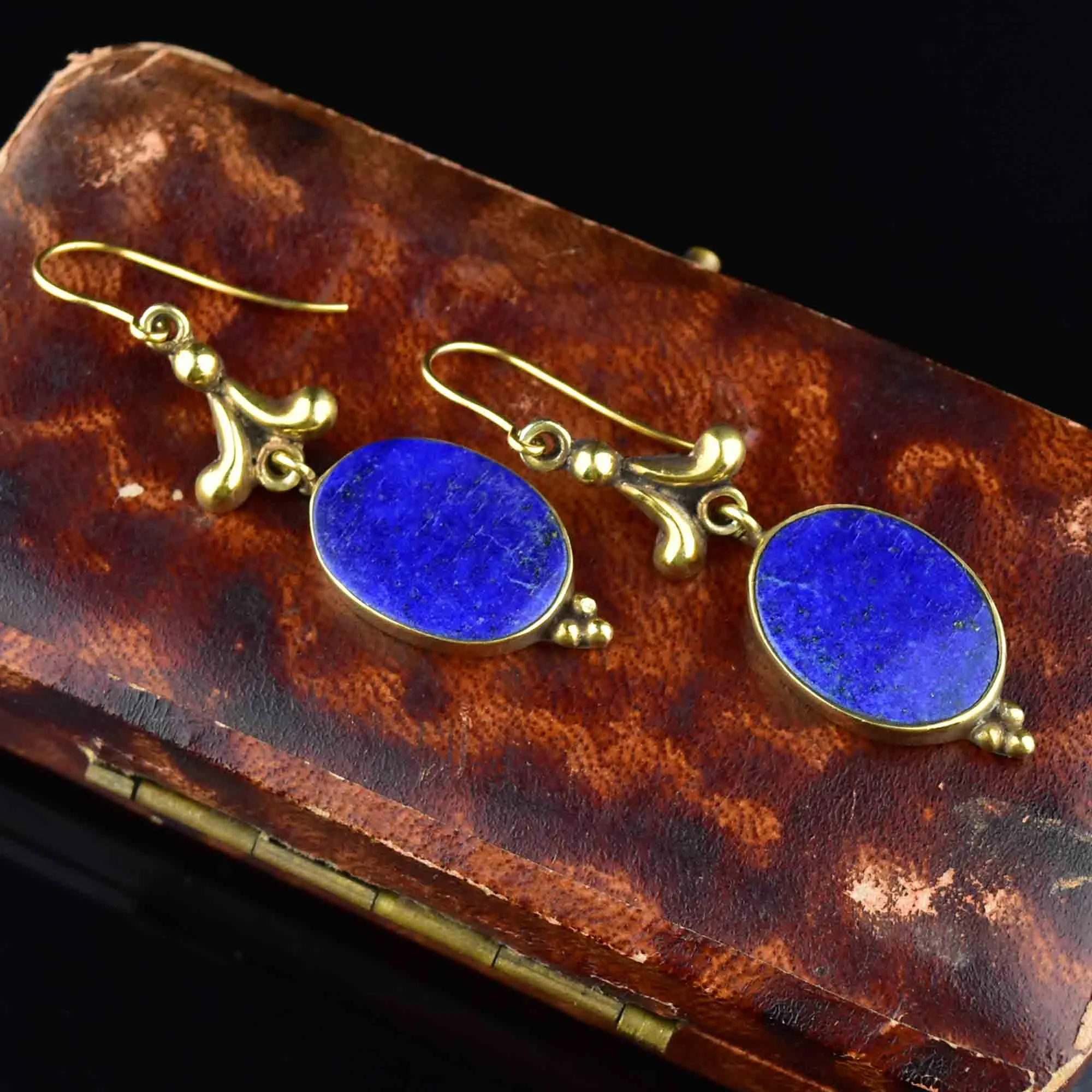 Vintage Gold Leaf Lapis Lazuli Statement Earrings