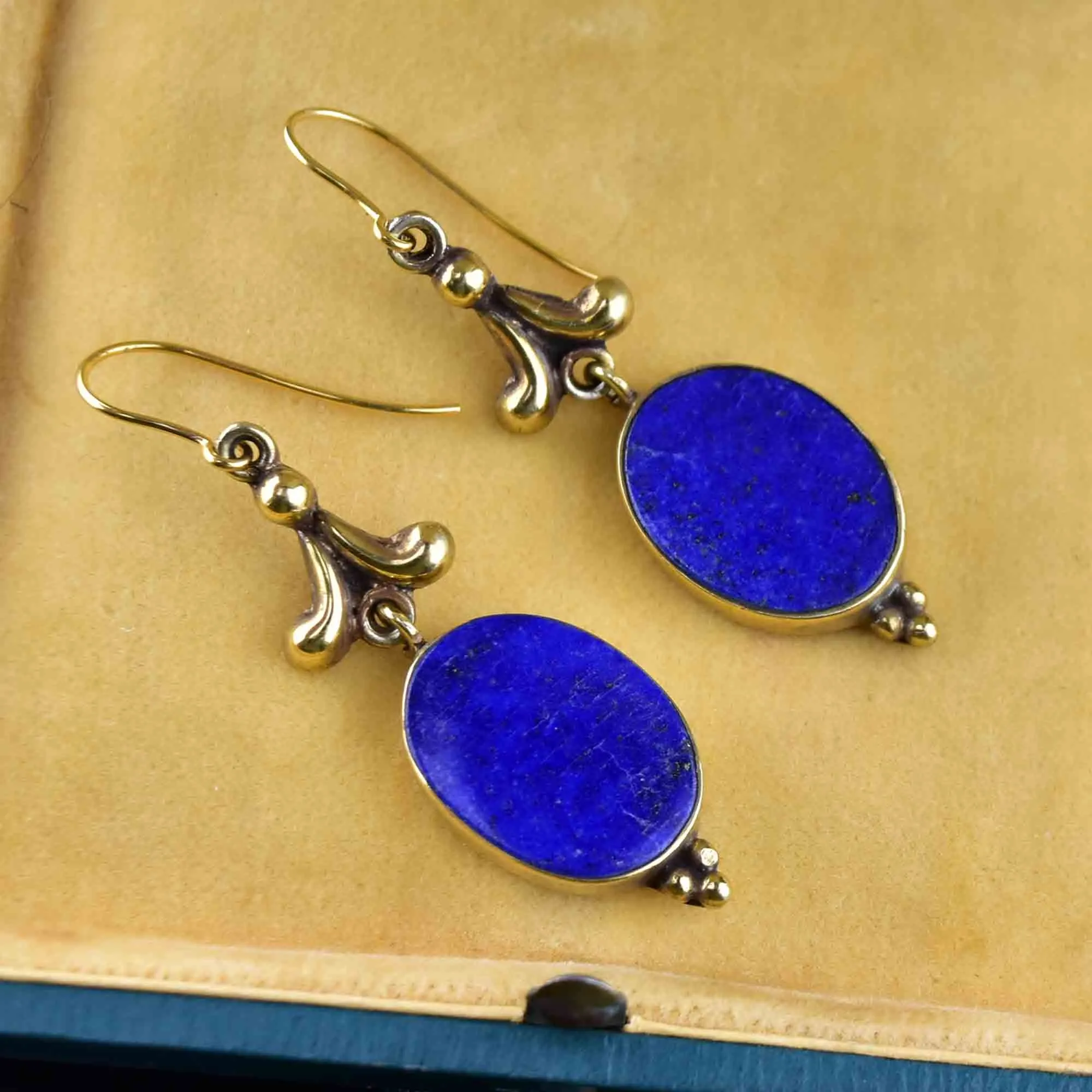 Vintage Gold Leaf Lapis Lazuli Statement Earrings