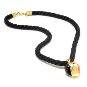 Vintage Onyx & Coral Pendant Black Thread Necklace with Diamonds