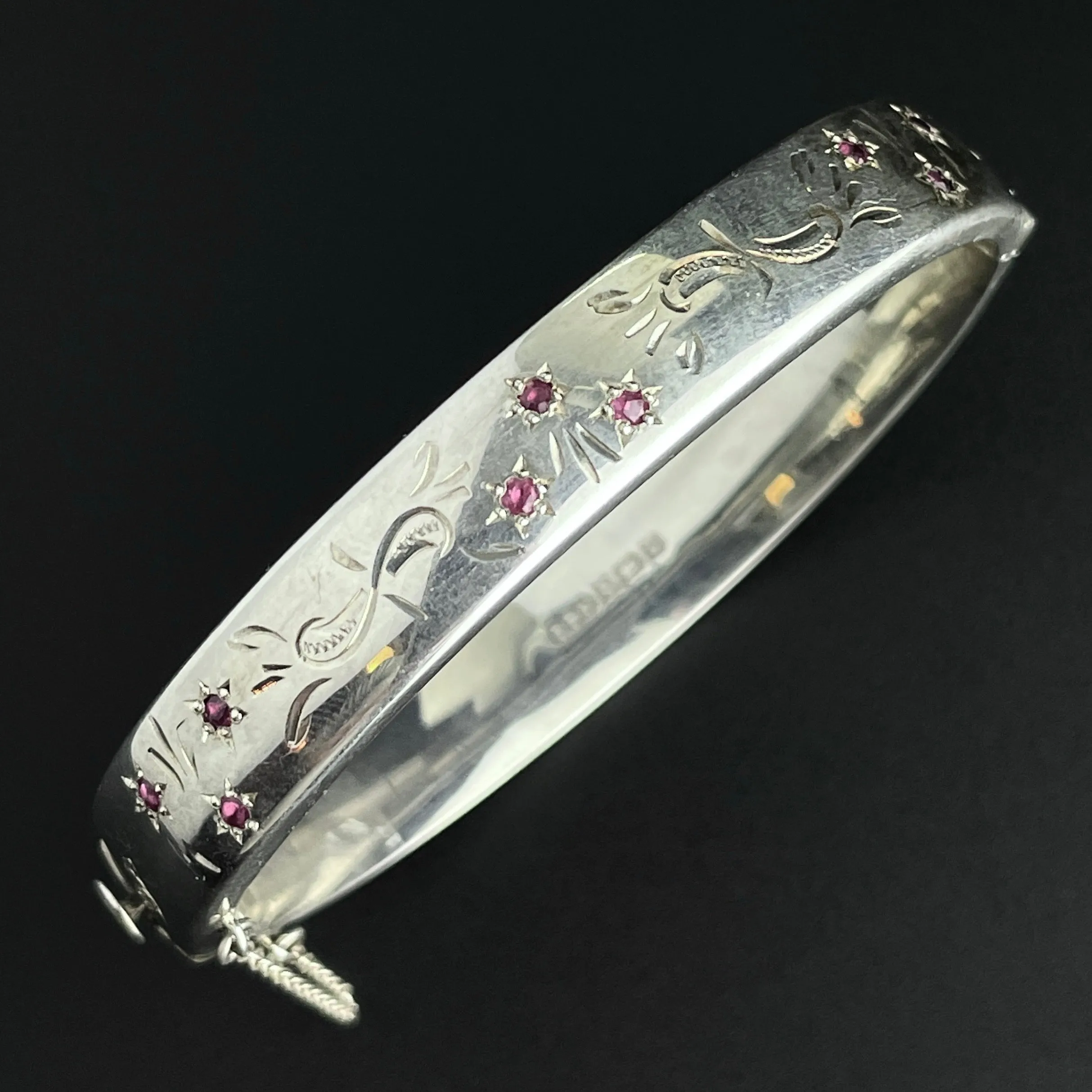 Vintage Silver Engraved Ruby Bangle Bracelet