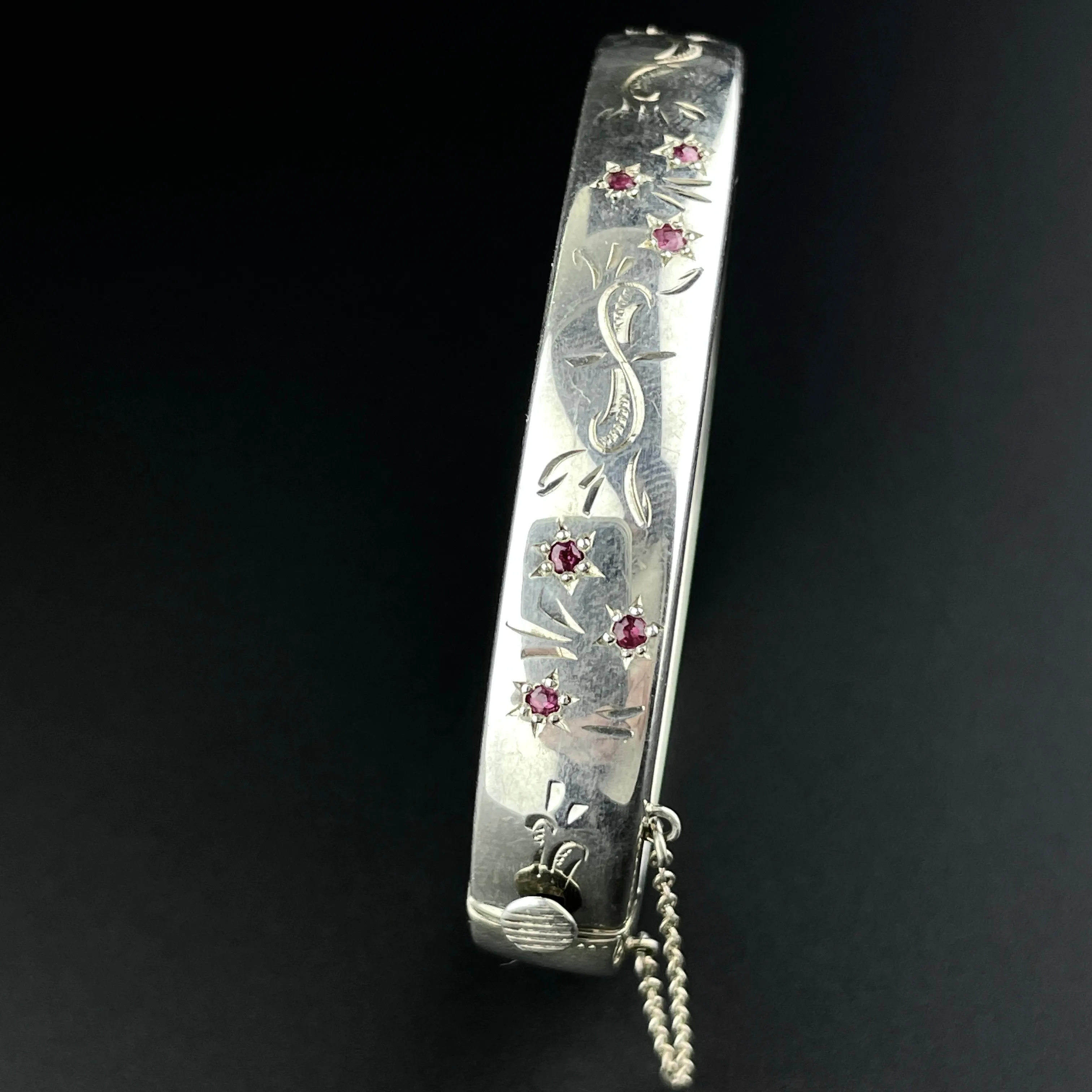 Vintage Silver Engraved Ruby Bangle Bracelet