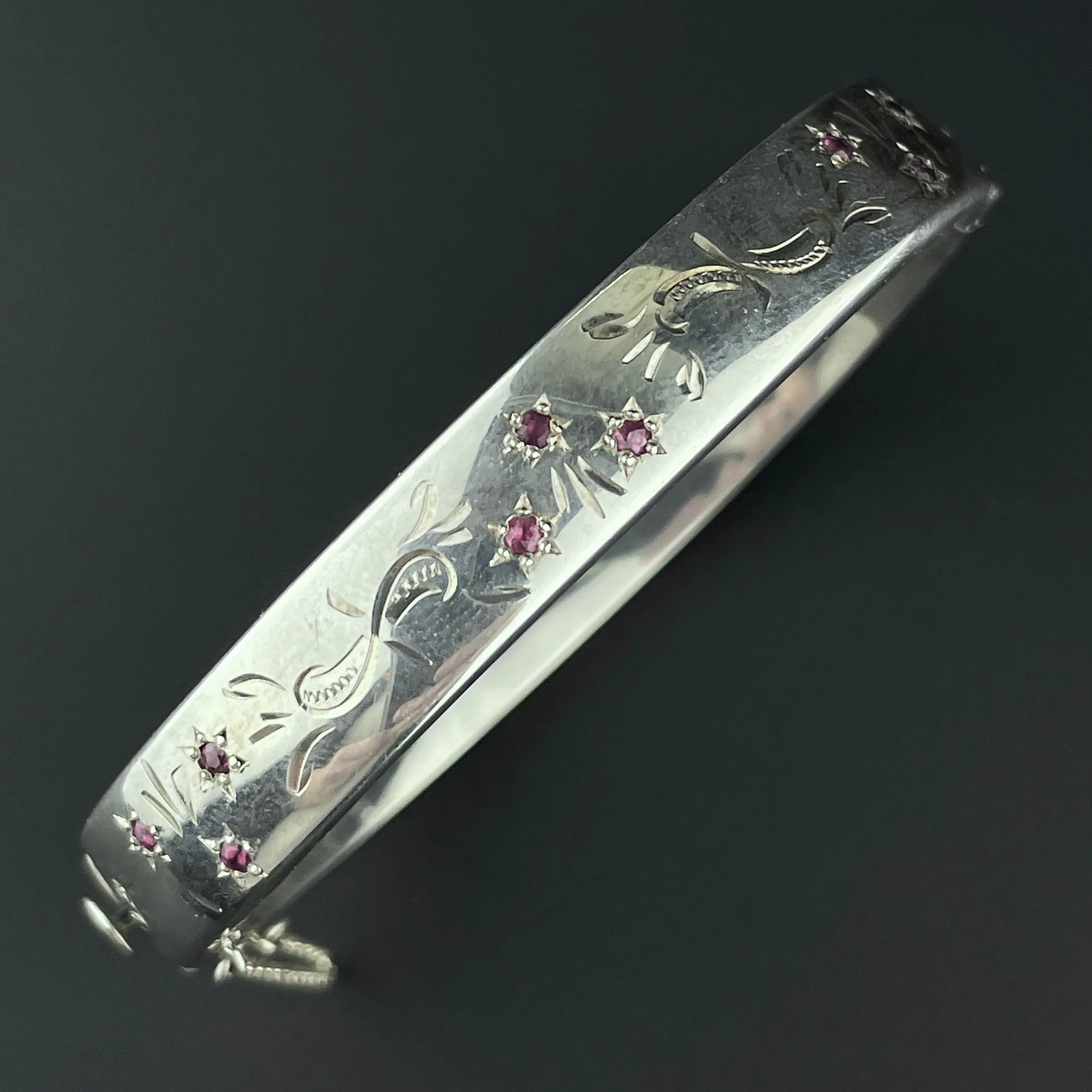 Vintage Silver Engraved Ruby Bangle Bracelet